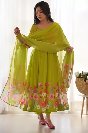Women soft organza silk with print fully flair anarkali pant with dupatta set