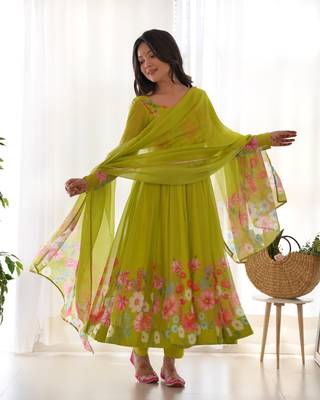 Women soft organza silk with print fully flair anarkali pant with dupatta set 3
