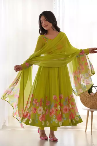 Women soft organza silk with print fully flair anarkali pant with dupatta set