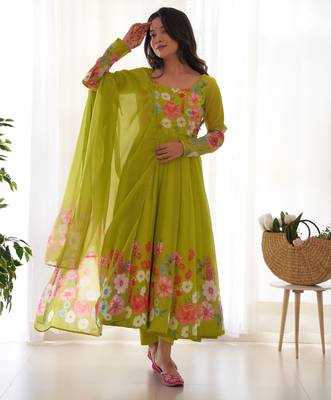 Women soft organza silk with print fully flair anarkali pant with dupatta set 4