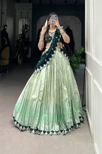 Green sequins zari weaving chaniya choli
