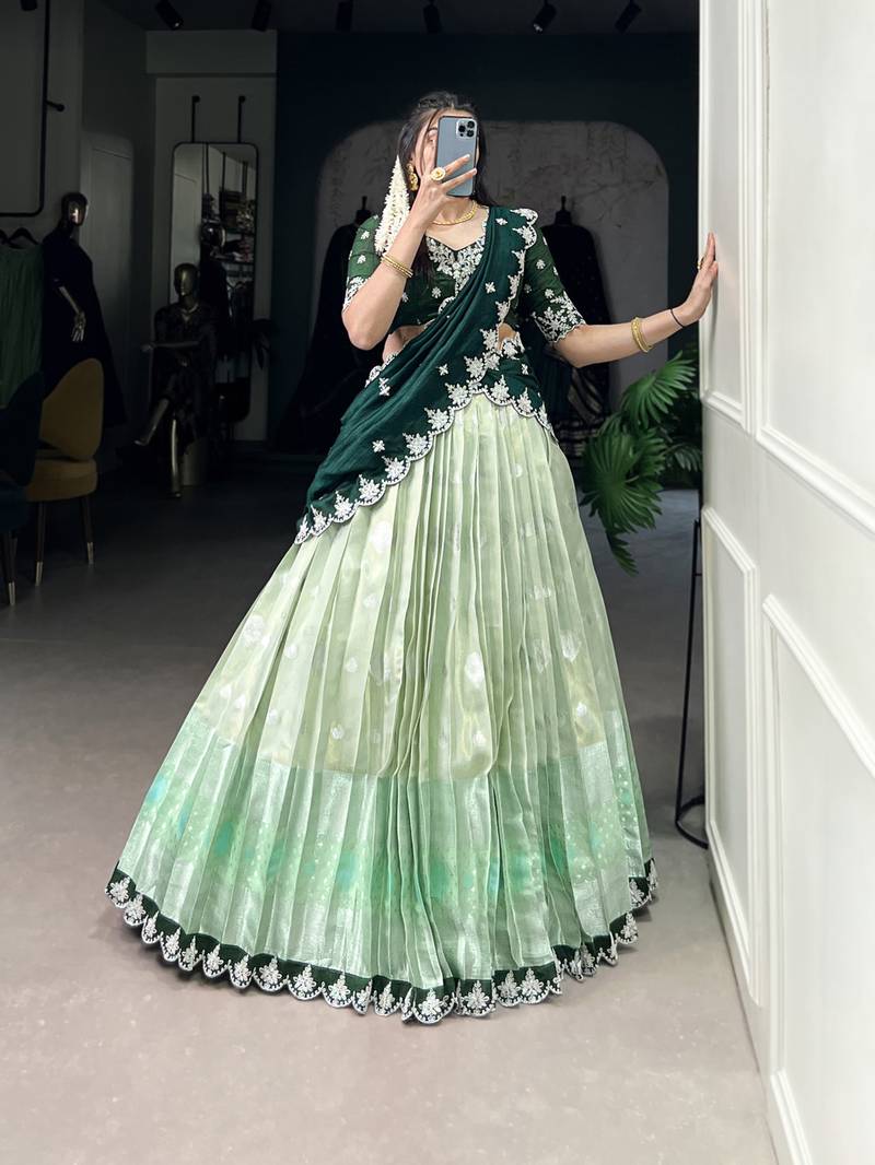 Green sequins zari weaving chaniya choli