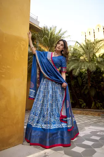 Blue batik printed dola silk lehenga choli & dupatta