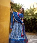 Blue batik printed dola silk lehenga choli & dupatta