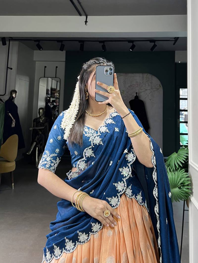 Orange sequins zari weaving chaniya choli