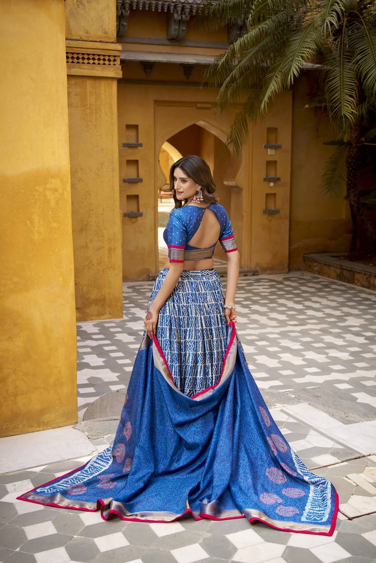 Blue batik printed dola silk lehenga choli & dupatta