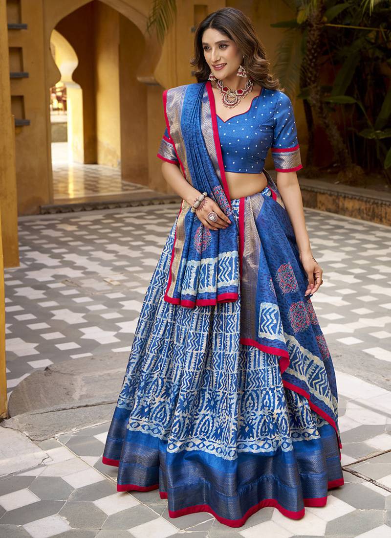 Blue batik printed dola silk lehenga choli & dupatta