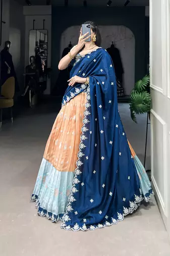 Orange sequins zari weaving chaniya choli
