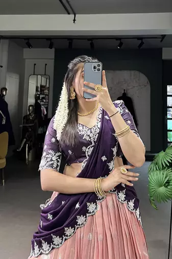 Peach Sequins Zari weaving Chaniya Choli 