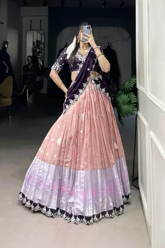 Peach Sequins Zari weaving Chaniya Choli 