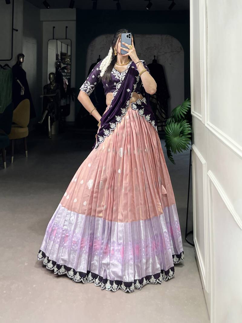 Peach Sequins Zari weaving Chaniya Choli 