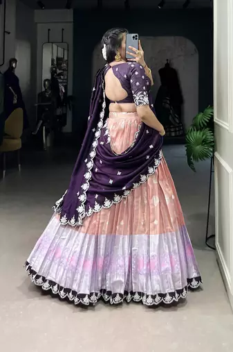 Peach Sequins Zari weaving Chaniya Choli 