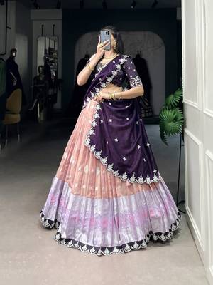 Peach Sequins Zari weaving Chaniya Choli  1