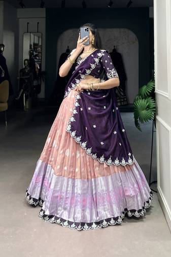 Peach Sequins Zari weaving Chaniya Choli 