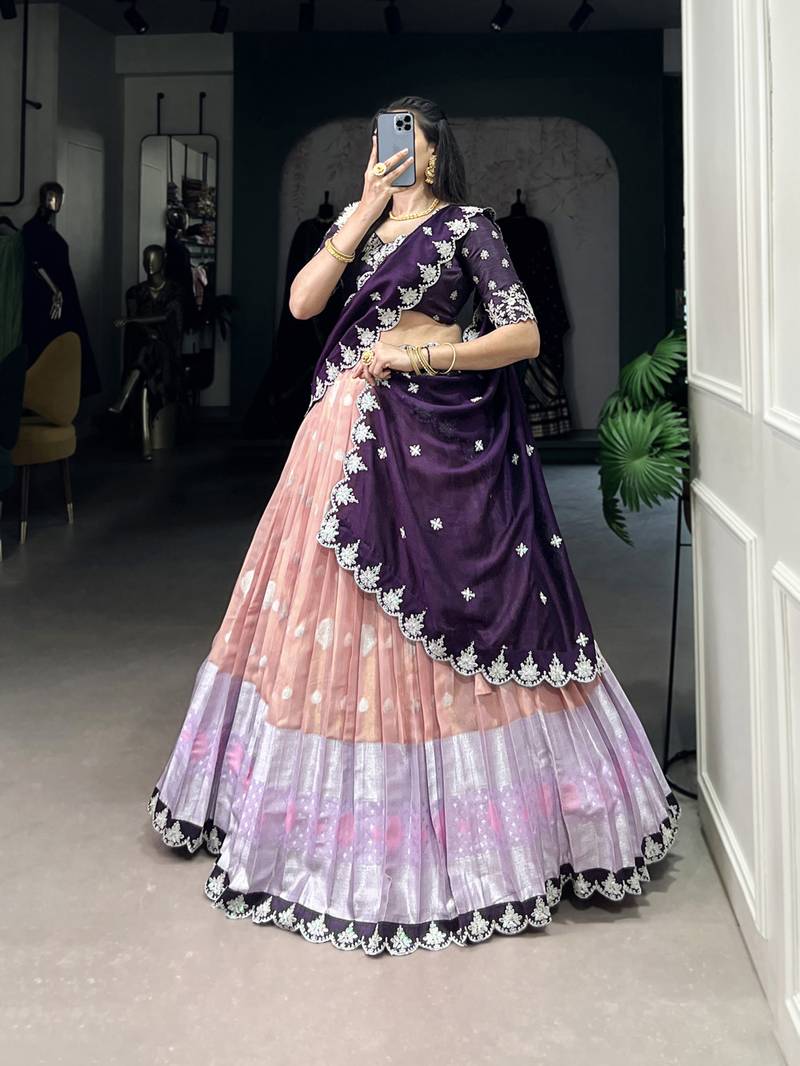 Peach Sequins Zari weaving Chaniya Choli 