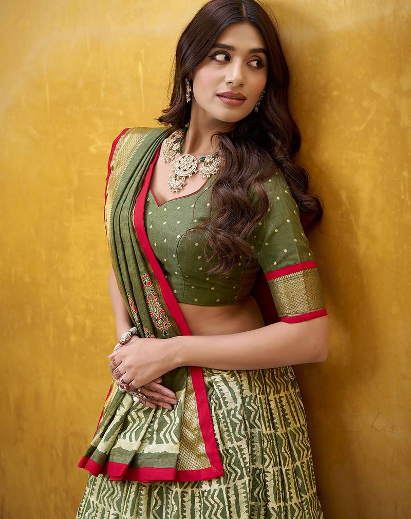 Green batik printed dola silk lehenga choli & dupatta