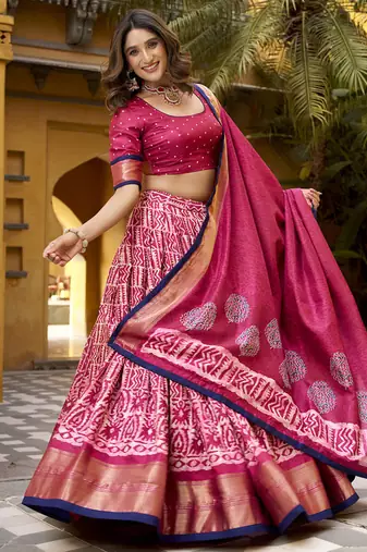 Pink batik printed dola silk lehenga choli & dupatta