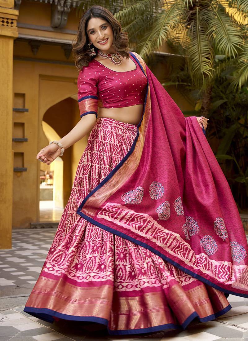 Pink batik printed dola silk lehenga choli & dupatta