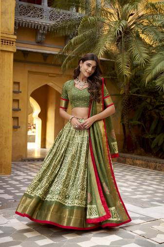 Green batik printed dola silk lehenga choli & dupatta