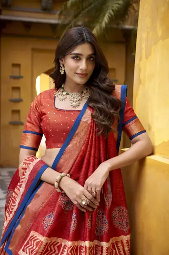 Orange Batik Printed Dola Silk Lehenga Choli & Dupatta