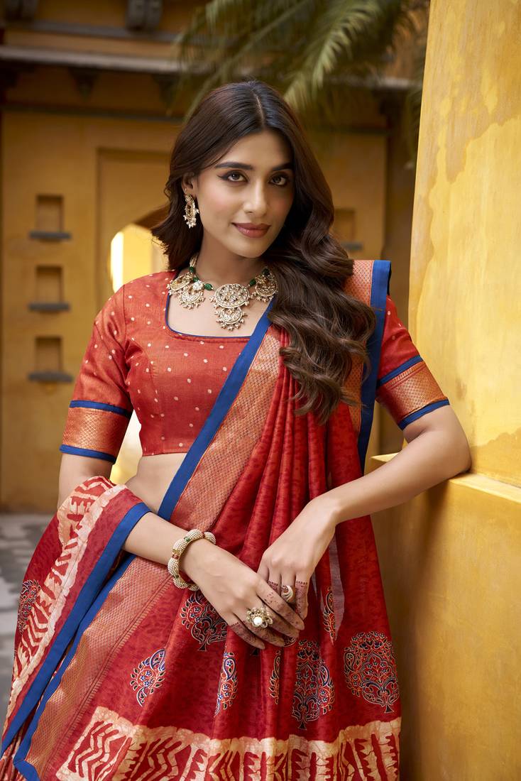 Orange Batik Printed Dola Silk Lehenga Choli & Dupatta