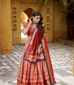 Orange Batik Printed Dola Silk Lehenga Choli & Dupatta