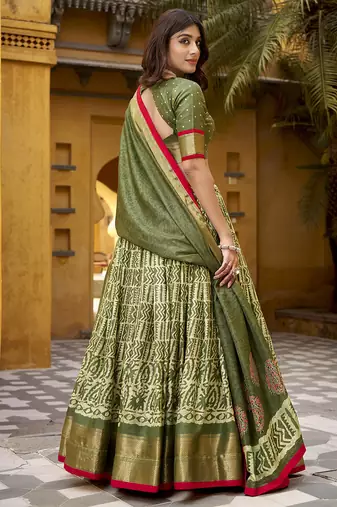 Green batik printed dola silk lehenga choli & dupatta