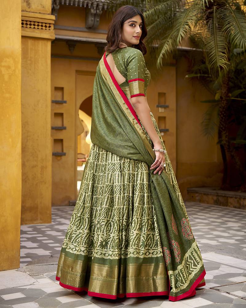 Green batik printed dola silk lehenga choli & dupatta