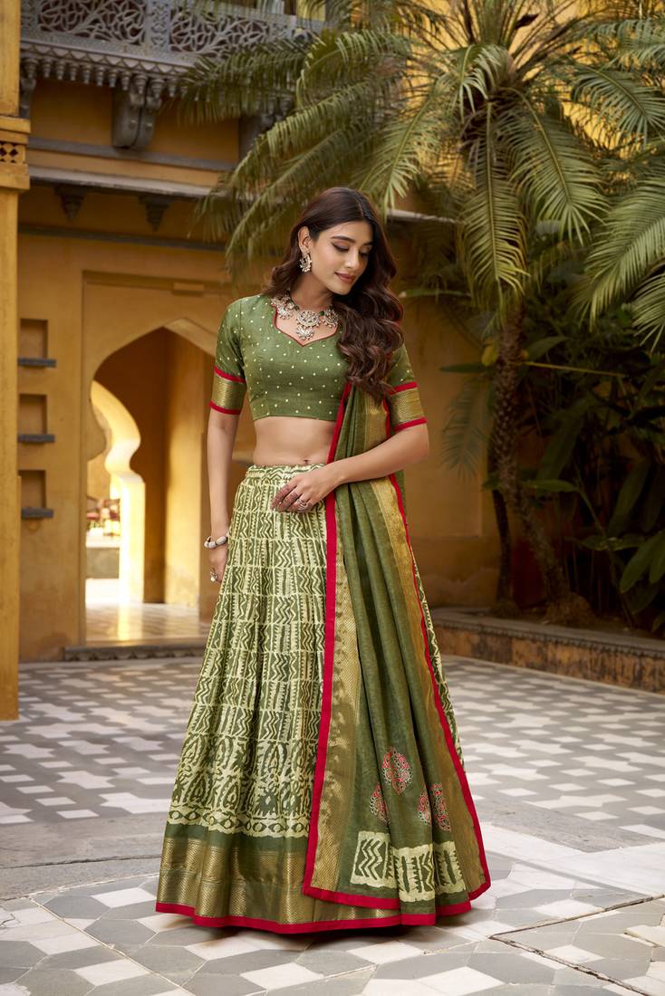 Green batik printed dola silk lehenga choli & dupatta