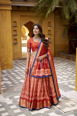 Orange Batik Printed Dola Silk Lehenga Choli & Dupatta 5