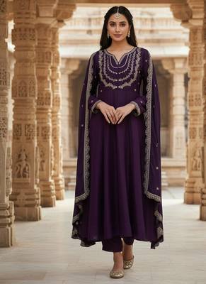 Purple georgette zari sequin embroidery work kurta set 1