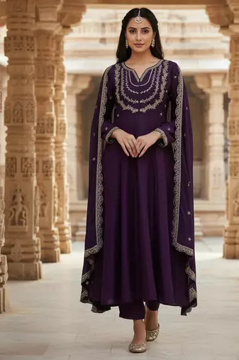 Purple georgette zari sequin embroidery work kurta set