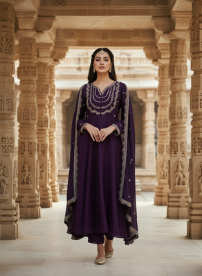 Purple georgette zari sequin embroidery work kurta set 2