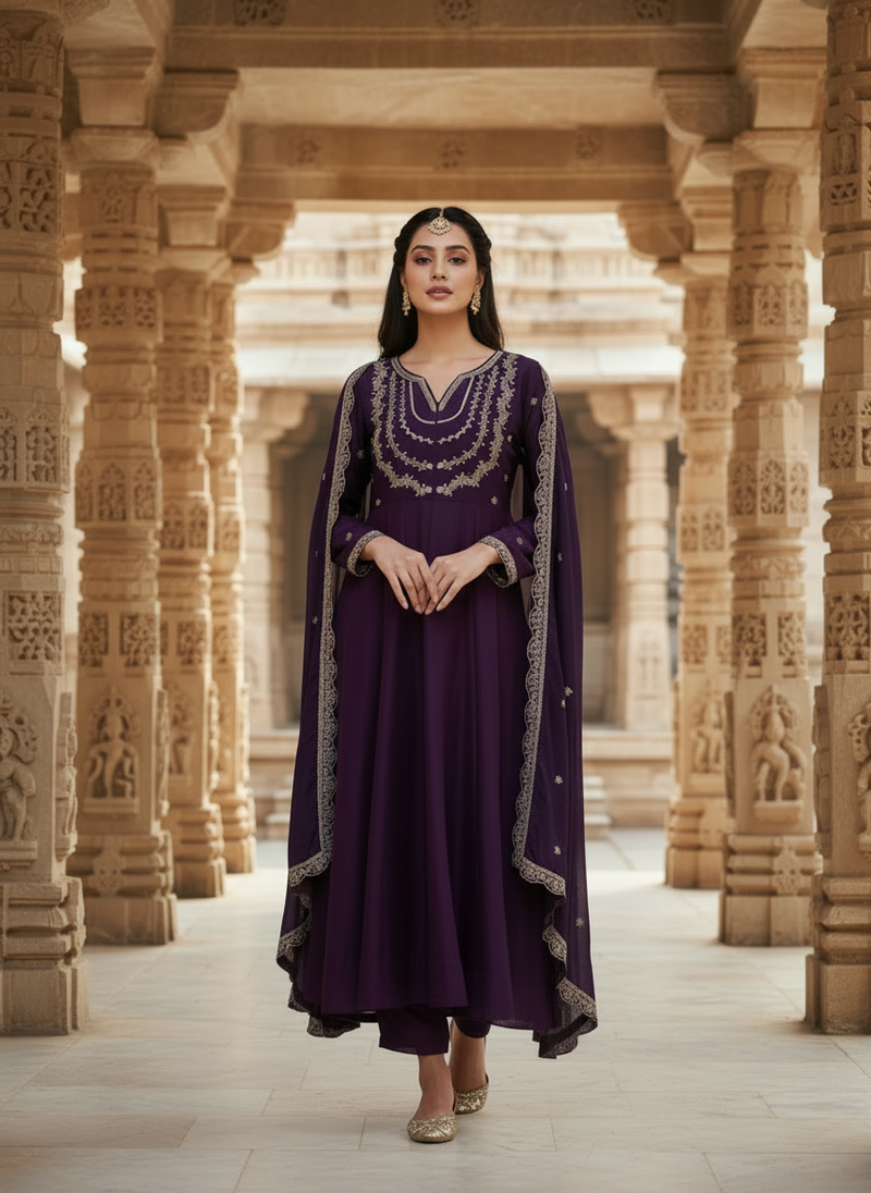 Purple georgette zari sequin embroidery work kurta set