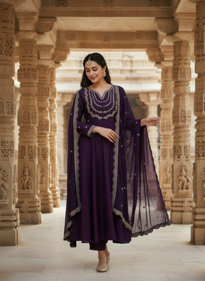Purple georgette zari sequin embroidery work kurta set 3