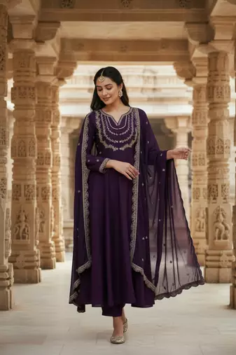 Purple georgette zari sequin embroidery work kurta set