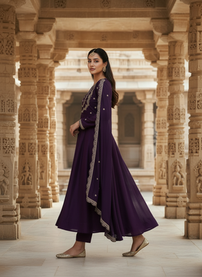 Purple georgette zari sequin embroidery work kurta set 5