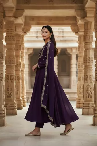Purple georgette zari sequin embroidery work kurta set