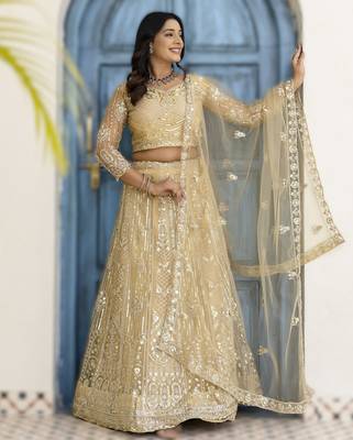Cream embroidered net Lehenga set with Choli and dupatta 1