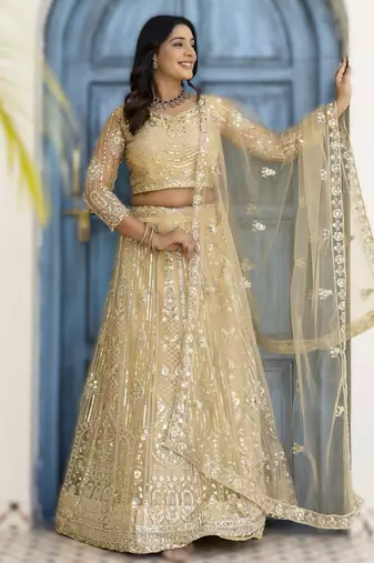 Cream embroidered net Lehenga set with Choli and dupatta