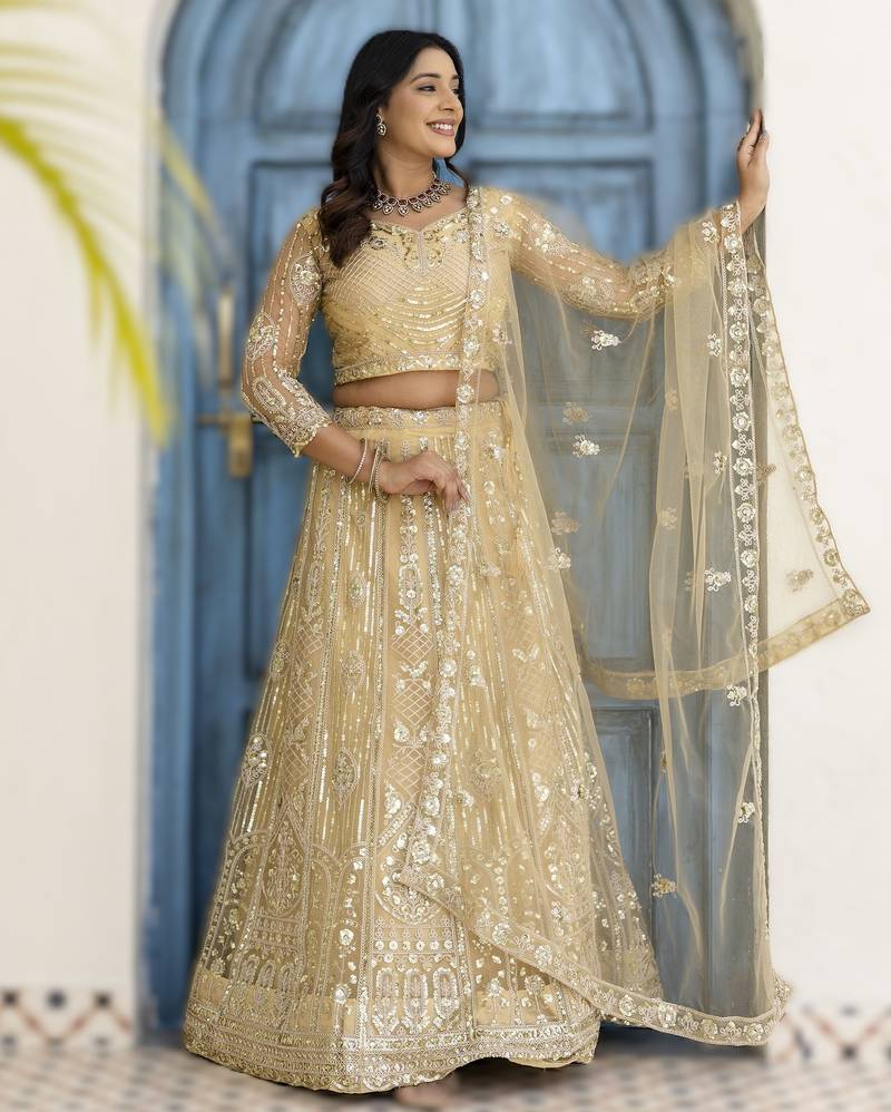 Cream embroidered net Lehenga set with Choli and dupatta