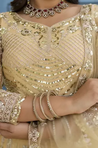Cream embroidered net Lehenga set with Choli and dupatta