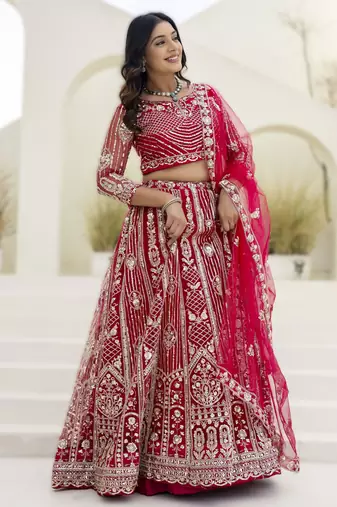 Raani pink embroidered net lehenga set with choli and dupatta