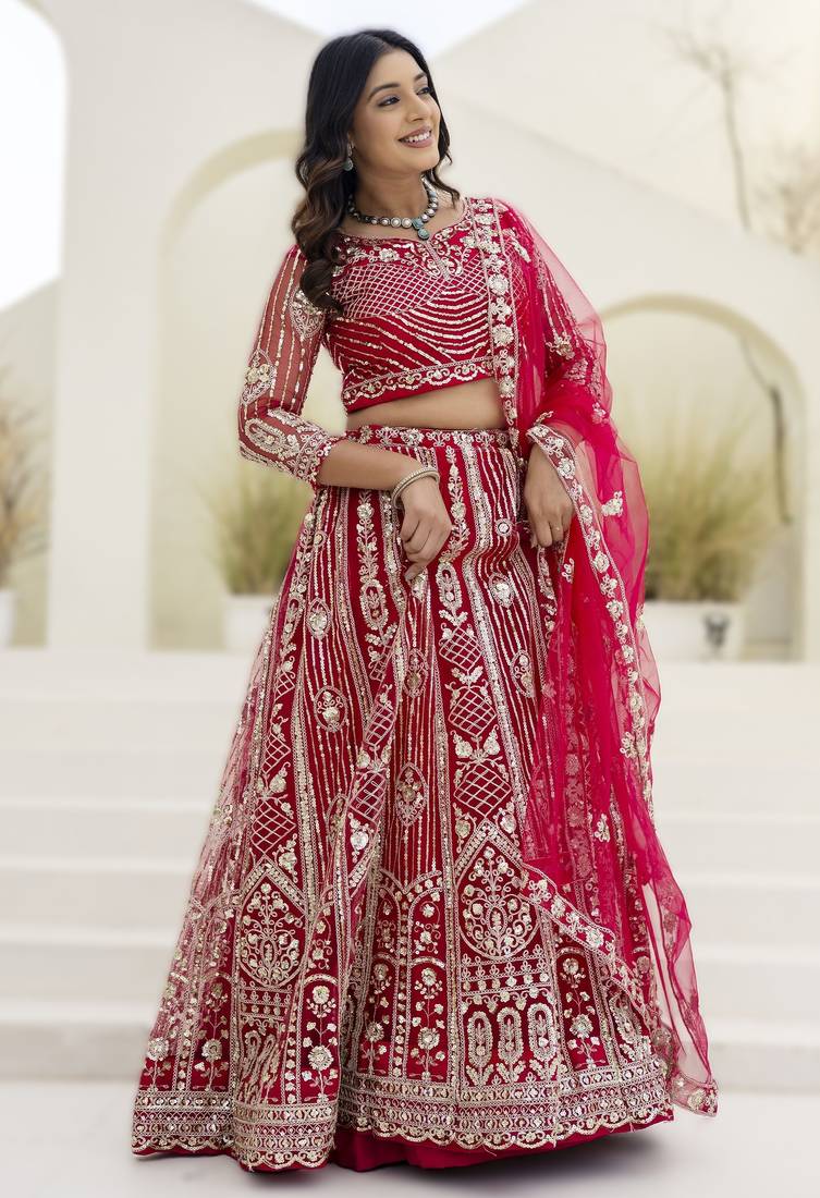 Raani pink embroidered net lehenga set with choli and dupatta