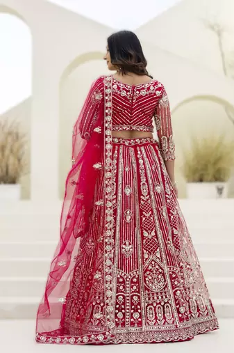 Raani pink embroidered net lehenga set with choli and dupatta