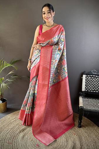 deep pink soft lichi silk blend multi-color floral digital print paithani saree