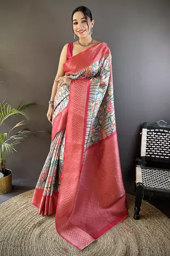 deep pink soft lichi silk blend multi-color floral digital print paithani saree