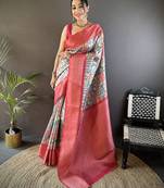 deep pink soft lichi silk blend multi-color floral digital print paithani saree
