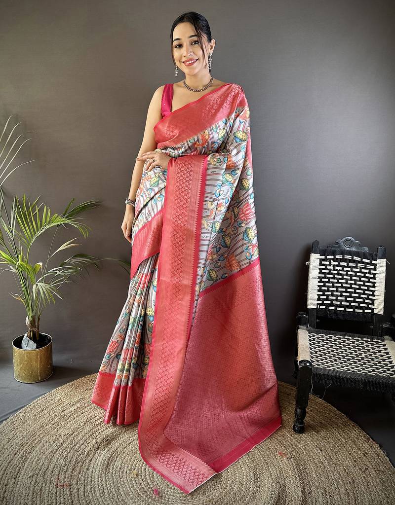 deep pink soft lichi silk blend multi-color floral digital print paithani saree