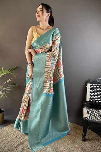 feroze blue soft lichi silk blend multi-color floral digital print paithani saree